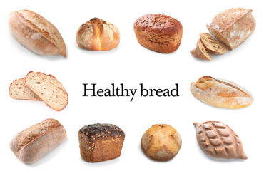 Banner with assortment of healthy bread on white background
