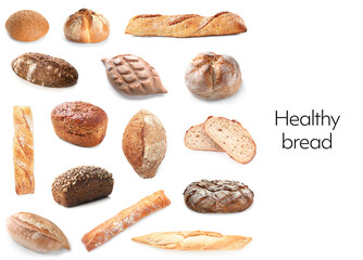 Banner with assortment of healthy bread on white background