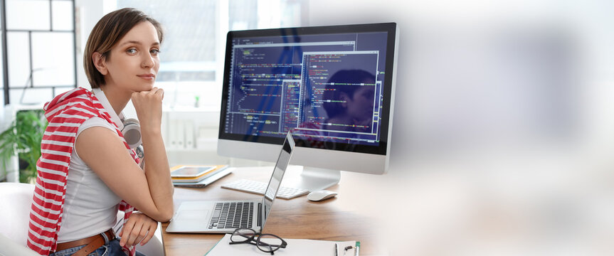 Female programmer in office. Banner for design