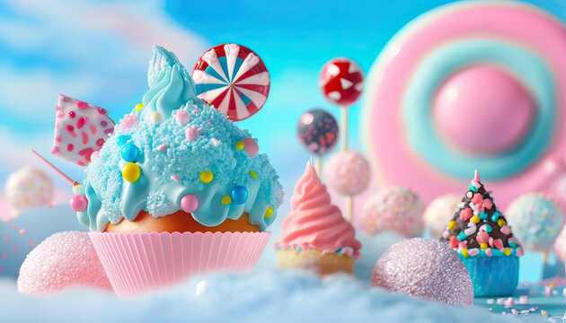 Dreamy fairy tale cake, scene concept design, cupcake, dreamy color, colorful