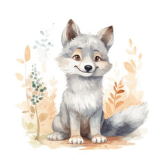 Obraz premium Cute Watercolor Gray Wolf In Natural State Standing Adorable