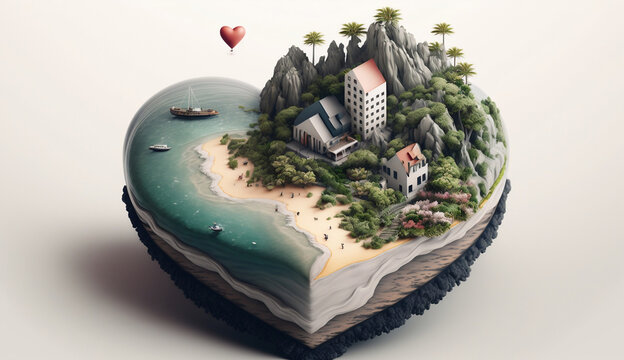 big heart with trees and ocean in miniature world (created by AI)