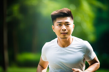 Asian man running in the park or outdoors, summer season. Generative AI