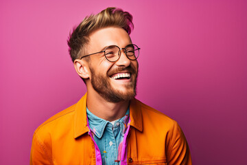 Fototapeta premium Enthusiastic Man Portrait: Joyful Winner with Dynamic Poses and Excitement, Trending Model Smiling and Emotionally Gesturing on Colorful Design Background