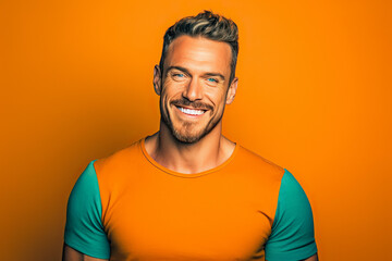 Fototapeta premium Enthusiastic Man Portrait: Joyful Winner with Dynamic Poses and Excitement, Trending Model Smiling and Emotionally Gesturing on Colorful Design Background