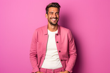 Obraz premium Enthusiastic Man Portrait: Joyful Winner with Dynamic Poses and Excitement, Trending Model Smiling and Emotionally Gesturing on Colorful Design Background