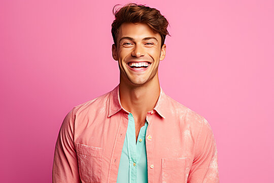 Enthusiastic Man Portrait: Joyful Winner with Dynamic Poses and Excitement, Trending Model Smiling and Emotionally Gesturing on Colorful Design Background