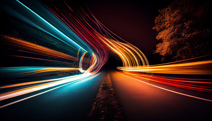 Abstract long exposure dynamic speed light in rural city road Ai generated image