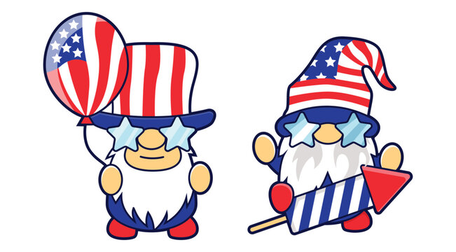 Set of funny gnomes in America Independence Day costume carnival.