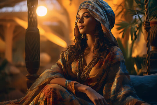 romantic Scheherazade from the Arabian nights or other woman of color in exotic middle eastern fashion. or a modern woman of fashion
