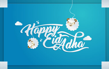 Happy eid adha cute calligraphy illustration banner