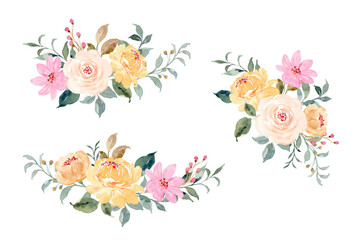 Yellow pink floral watercolor bouquet collection