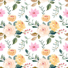 Yellow pink floral watercolor seamless pattern