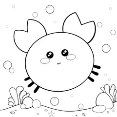Underwater cute crab drawing to print and color for kids and adults. Hand drawn Crab coloring book illustration