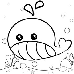Underwater cute Whale doodles drawing to print and color for kids and adults. Hand drawn Whale doodles coloring book illustration