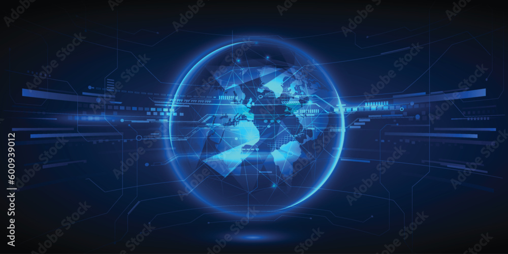 Poster vector illustrations of glowing hi tech globe with futuristic digital circuit line and glowing dots.