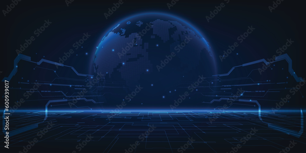Poster vector illustration of horizontal digital space with blue futuristic gloabe and digital circuit curv