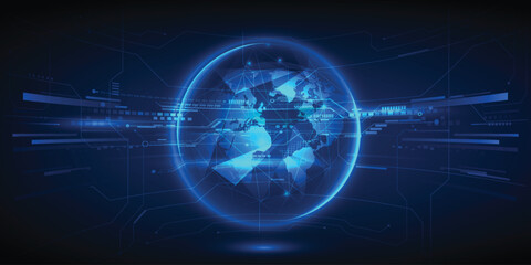 Vector illustrations of glowing hi tech globe with futuristic digital circuit line and glowing dots.Future tech and digital innovation technology design concepts.