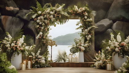 Wedding ceremony on the beach. Wedding arch decorated with flowers. Generative AI