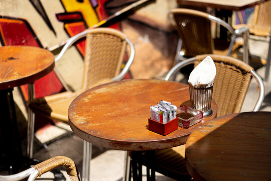 Outdoor empty table of the bar in Singapore