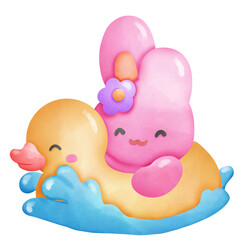 A Pink Rabbit Sitting On A Rubber Duck