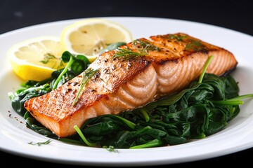 Grilled Salmon Steak with spinach. Generative AI