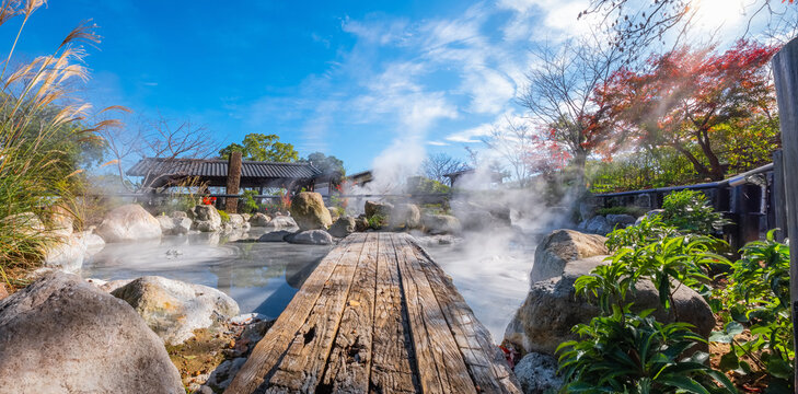 Beppu, Japan - Nov 25 2022: Oniishibozu Jigoku hot spring in Beppu, Oita. The town is famous for its onsen (hot springs). It has 8 major geothermal hot spots, referred to as the "eight hells of Beppu"