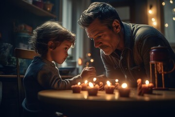 Father's day. Dad with child, Happy time with family, Celebrate a birthday. Good relationship between parent and kids. Generation, age, nostalgia. Smile love, enjoy, laugh. Fathers day. Generative AI