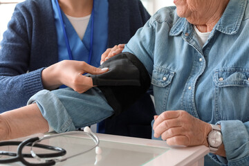Fototapeta na wymiar Young caregiver measuring blood pressure of senior woman at home, closeup