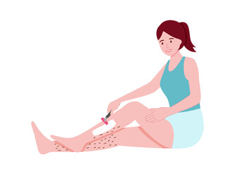 Woman using razor shaving hairy legs in flat design on white background.