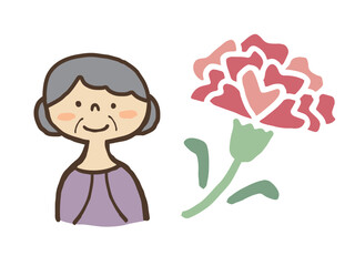 かわいいおばあさんとカーネーション／手描きイラスト素材