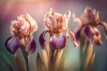 Beautiful rose gold and pink Iris flower with bokeh background. Generative AI
