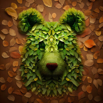 A portrait of a bear created using greenand brown leaves, generative ai