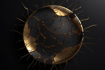 Abstract and elegant black background with golden cracks, splashes and round circle with copy space in the middle. Product placement luxurious backdrop. Generative AI