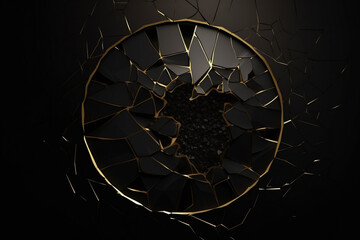 Abstract and elegant black background with golden cracks, splashes and round circle with copy space in the middle. Product placement luxurious backdrop. Generative AI