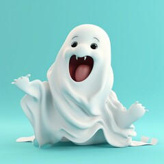 Cute laughing baby ghost with on the teal background created with Generative AI technology