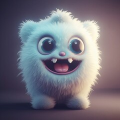 Furry and fluffy white smiling baby monster with big blue eyes on the grey background created with Generative AI technology