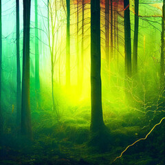 Fototapeta na wymiar Dark green forest with green mist