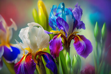 Obraz na płótnie Canvas Fresh spring purple Iris flower blooming with blur background. Generative AI