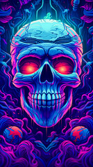Neon psychedelic skull. Phone wallpaper. Futuristic abstract background