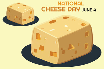Vector of two square cheese top of black plate with bold text isolated on soft yellow background. to celebrate national cheese day june 4