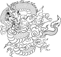 Chinese dragon with peach blossom and cloud tattoo.Japanese tattoo with water splash and black cloud.koi fish carp and tiger illustration for T-shirt background.Dragon and koi fish battle on wave,