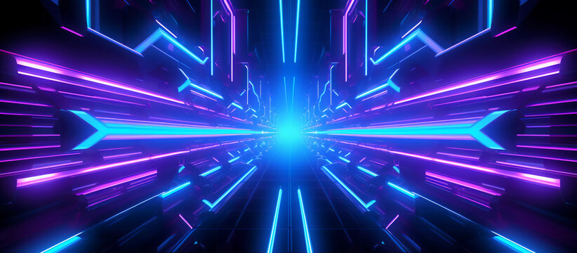 stunning sci-fi abstract design features a combination of blue and purple neon lights against a black background, with reflective concrete adding a touch of depth and texture generative ai