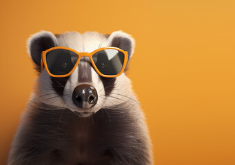 Fototapeta premium Creative animal concept. Badger in sunglass shade glasses isolated on solid pastel background, commercial, editorial advertisement, surreal surrealism. 