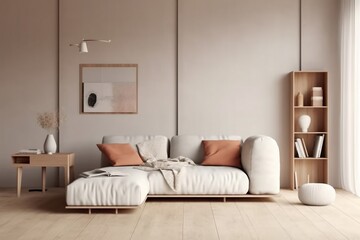modern living room with white sofa, home desk in wall with decor, personal accessories