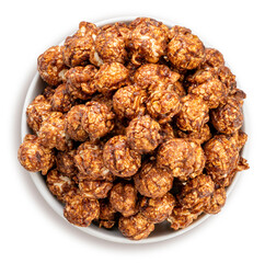 Chocolate Popcorn in white paper cardboard bucket isolated on white background, Chocolate Mushroom Popcorn on white With work path.