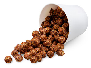 Chocolate Popcorn in white paper cardboard bucket isolated on white background, Chocolate Mushroom Popcorn on white With work path.