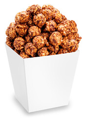 Chocolate Popcorn in white paper cardboard bucket isolated on white background, Chocolate Mushroom Popcorn on white With work path.
