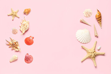 Frame made of seashells and starfishes on pink background