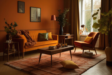 Beautiful retro living room in warm caramel autumn colors, Interior Design Ideas, Home Decoration, generative AI